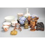 A group of Chinese porcelain bowls and vases and wood items etc., 19th/20th century