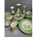 Three English porcelain vases, four dessert plates and a Bohemian green ground teaset, tallest 24cm