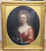 Early 18th century English School, oil on canvas, Portrait of a woman wearing a red dress, framed to