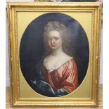 Early 18th century English School, oil on canvas, Portrait of a woman wearing a red dress, framed to