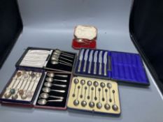 Six assorted cased sets of English silver and Continental flatware, including a cased set of six