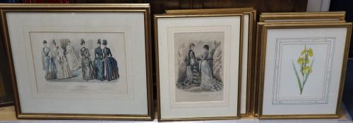 Six assorted 19th century French fashion plates, largest 31 x 45cm and a set of four modern