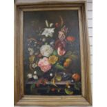 S. Johnson, oil on canvas, Still life of flowers in a vase on a ledge, signed, 90 x 60cm