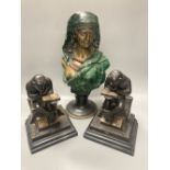 A pair of bronze 'monkey' bookends and a cold painted bronze bust of a Nubian lady, height 32cm