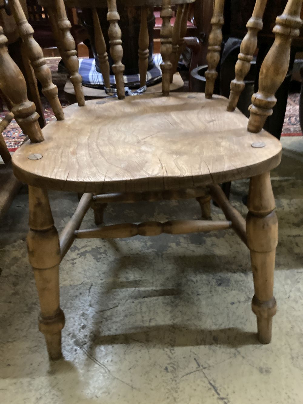 Two Victorian elm and beech smoker's bow elbow chairs together with six Windsor kitchen chairs - Image 2 of 5