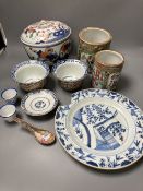 Two 19th century Chinese famille rose brushpots, and other Chinese and Japanese porcelain items,