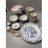 Two 19th century Chinese famille rose brushpots, and other Chinese and Japanese porcelain items,
