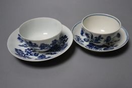 A Worcester Man in Pavilion teabowl and saucer, the first worcester blue and white printed
