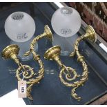 A pair of 19th century French brass single sconce wall lights with etched glass shades, height 25cm