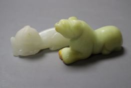 A Chinese pale celadon jade figure of a recumbent horse, 6.4cm and a hardstone figure of a beast,,