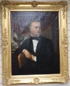 Victorian School, oil on canvas, Half length portrait of a seated gentleman, with urn and gardens