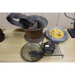 Two cow bells, one dated 1886, a sheet-iron milk skimmer, an iron toaster, etc. (10)