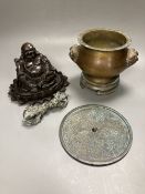 A Chinese bronze censer and stand, 14cm high, a bronze vajra sceptre, a mirror and a composition