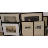 Eight assorted prints including etchings of Trinity College by Rudge