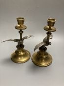 A pair of brass and spelter eagle candlesticks, height 19cm