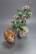 A Chinese agate vase and cover and a hardstone tree, in carved celadon jardiniere, 29cm