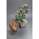 A Chinese agate vase and cover and a hardstone tree, in carved celadon jardiniere, 29cm