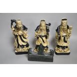 A set of three Chinese soapstone figures of the Star Gods and a soapstone brush rest, tallest 16.