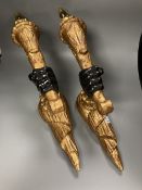 A pair of gilt and ebonised carved wood 'hand and cornucopia' wall sconces, height 52cm not