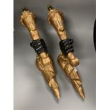 A pair of gilt and ebonised carved wood 'hand and cornucopia' wall sconces, height 52cm not