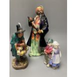 Three Doulton figures: Willy Won't He, HN7818, The Mask Seller, HN2103 and Blue Beard HN2105,