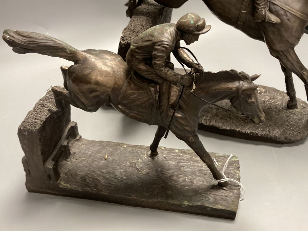 Two bronzed resin models of a steeplechasers, taking a fence, widest 35cm - Image 3 of 5