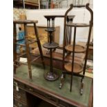 An Edwardian folding cake stand, a beech bar stool and a smoker's stand