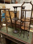 An Edwardian folding cake stand, a beech bar stool and a smoker's stand