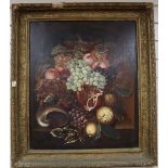 Joan Herbert, oil on canvas, Still life of flowers and a shell within an alcove, signed, 66 x cm