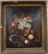 Joan Herbert, oil on canvas, Still life of flowers and a shell within an alcove, signed, 66 x cm