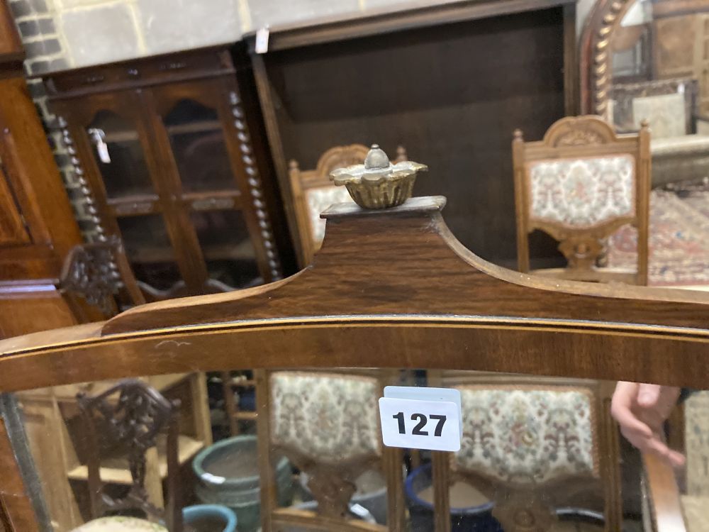 A George III mahogany and tulipwood banded bowfronted toilet mirror, on ivory ball feet, width - Image 4 of 4