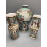 Two 19th century Chinese famille rose vases and another vase, tallest 29cm