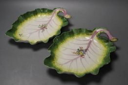 A pair of Chelsea red anchor period leaf shaped dishes, c.1755, one only with red anchor mark,