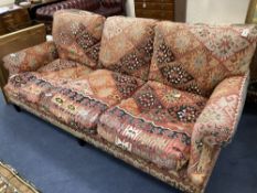 A George Smith kelim upholstered three seater settee, width 210cm depth 110cm height 88cm