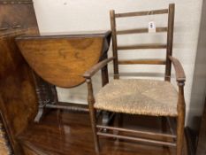 A late Victorian walnut Sutherland table, width 53cm height 56cm, together with a child's rush