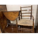 A late Victorian walnut Sutherland table, width 53cm height 56cm, together with a child's rush