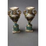 A pair of Grainger Worcester two handled vases painted with named landscapes on a sea-green