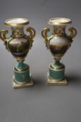 A pair of Grainger Worcester two handled vases painted with named landscapes on a sea-green