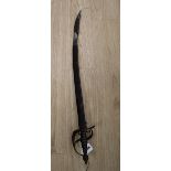 A 17th century English dress sword with fullered blade, leather scabbard, 99cm (the latter a.f.)