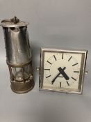 A 1930's Gent's of Leicester mantel clock and a Miner's lamp by Eccles, 24cm