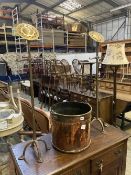 A Victorian copper and brass circular coal bucket, diameter 34cm, together with a pair of brass