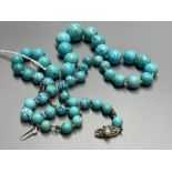 A continental graduated turquoise bead necklace, with marcasite and cultured pearl set white metal