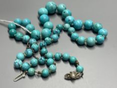 A continental graduated turquoise bead necklace, with marcasite and cultured pearl set white metal