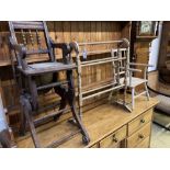 A Victorian towel rail, a primitive child's elbow chair and a metamorphic chair