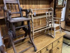 A Victorian towel rail, a primitive child's elbow chair and a metamorphic chair