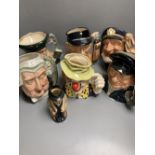 Five Royal Doulton character jugs, a Royal Doulton 'The Clown' character jug and a smaller Winston