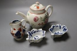 A Bow teapot and cover, two Worcester geranium moulded butterboats and a Lowestoft sparrow beak jug,