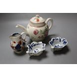 A Bow teapot and cover, two Worcester geranium moulded butterboats and a Lowestoft sparrow beak jug,