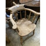 Two Victorian elm and beech smoker's bow elbow chairs together with six Windsor kitchen chairs