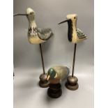 Two painted decoy wading birds on stands and a pigeon on stand, tallest 50cm